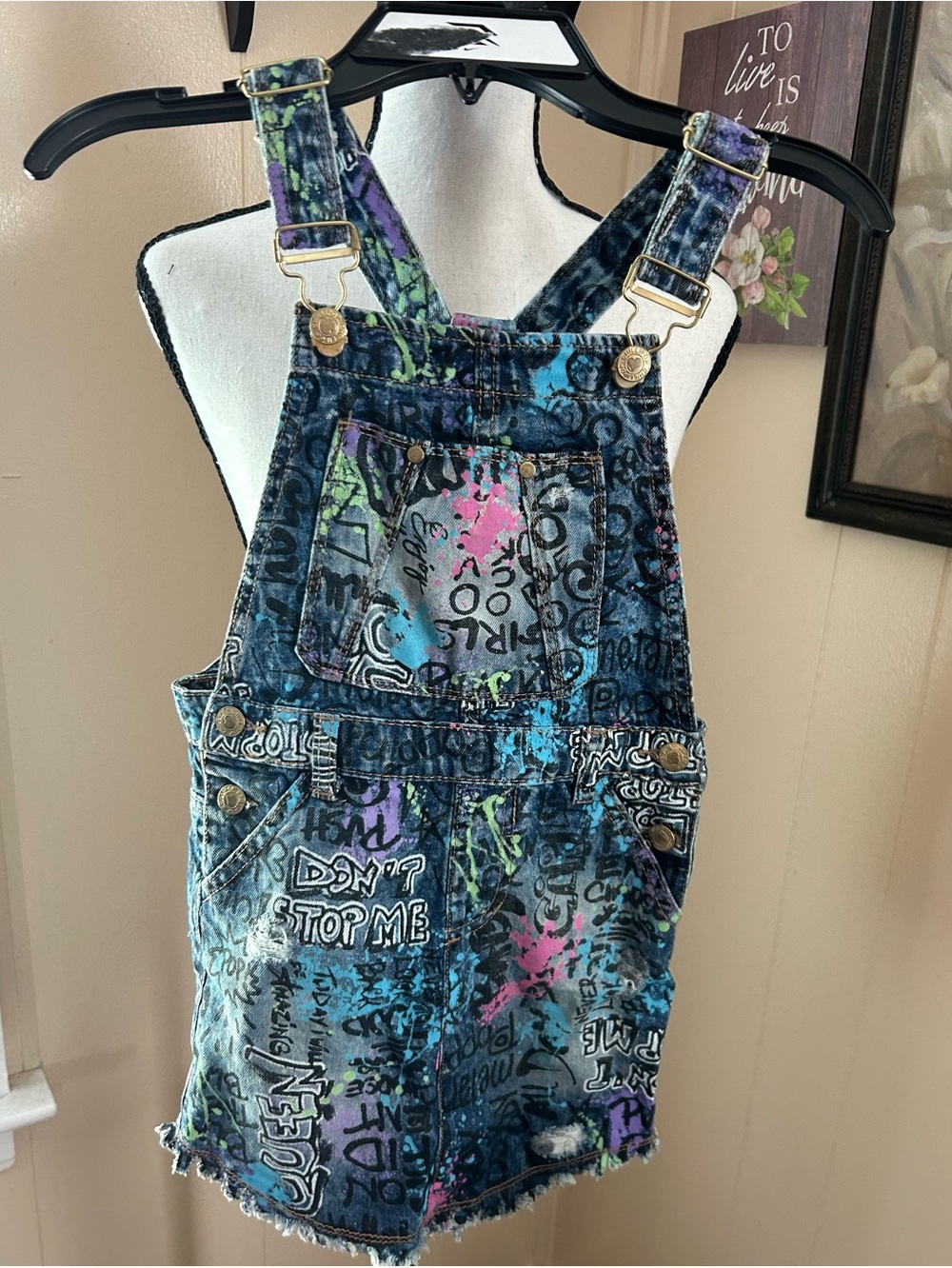 Girls' Multi-Color Graffiti Denim Short Overalls